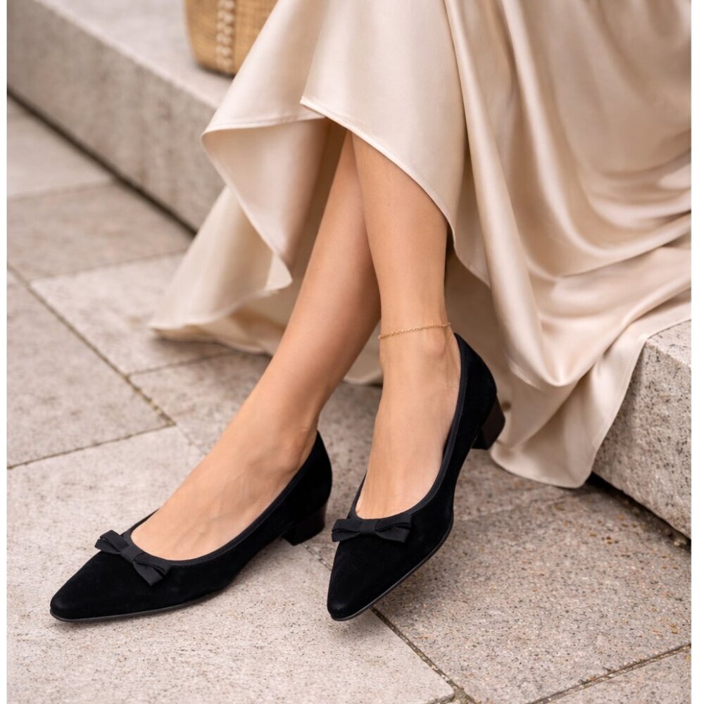 Fabio Rusconi Black Velvet Bow Ballet Flats Pointed Toe Low Heel Italy EU 38